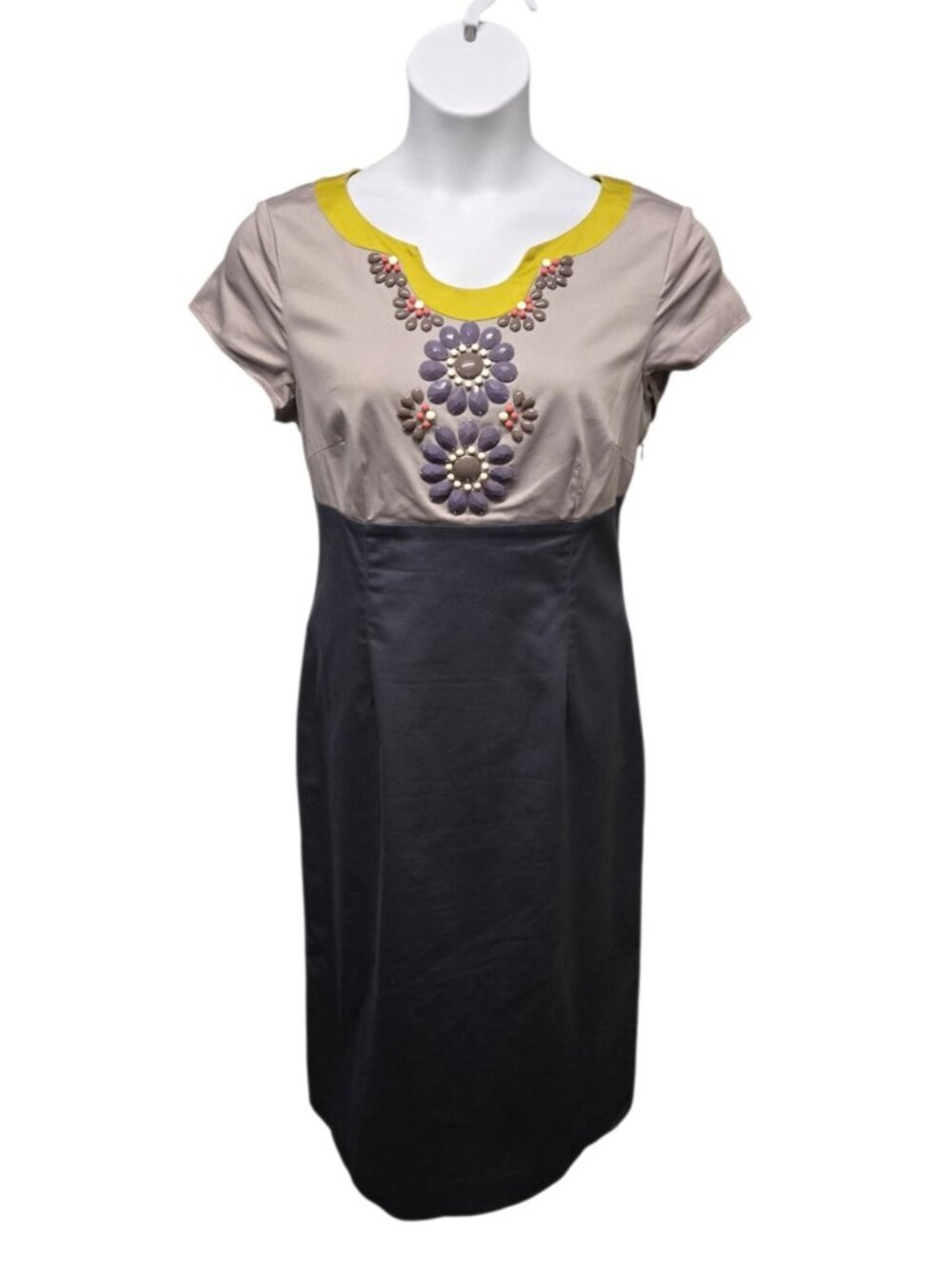 Boden Beaded Sheath Dress Size 12L Gray Colorblock Whimsical Mod Office Chic